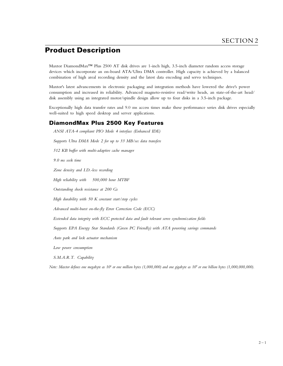 Product description, Diamondmax plus 2500 key features | Maxtor DIAMONDMAX 90840D7 User Manual | Page 6 / 26