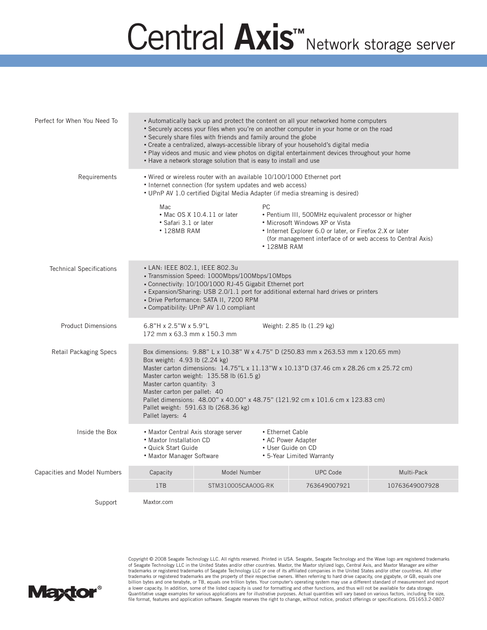 Central axis, Network storage server | Maxtor Central Axis STM310005CAA00G-RK User Manual | Page 2 / 2