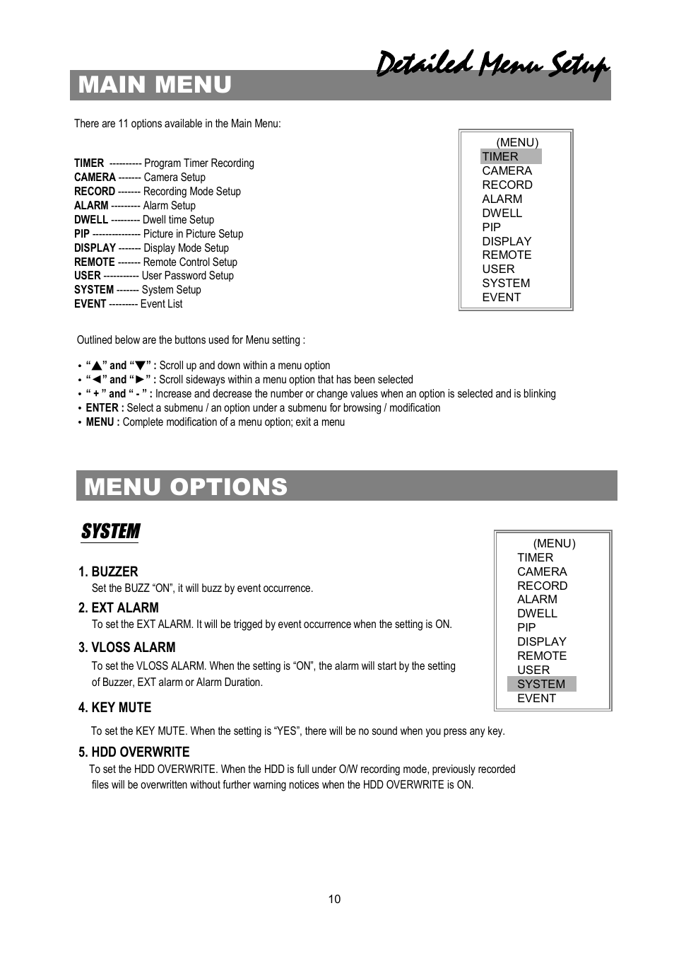 Detailed menu setup, Main menu, Menu options | System | Maxtor 4 CH Digital Video Recorder User Manual | Page 11 / 24