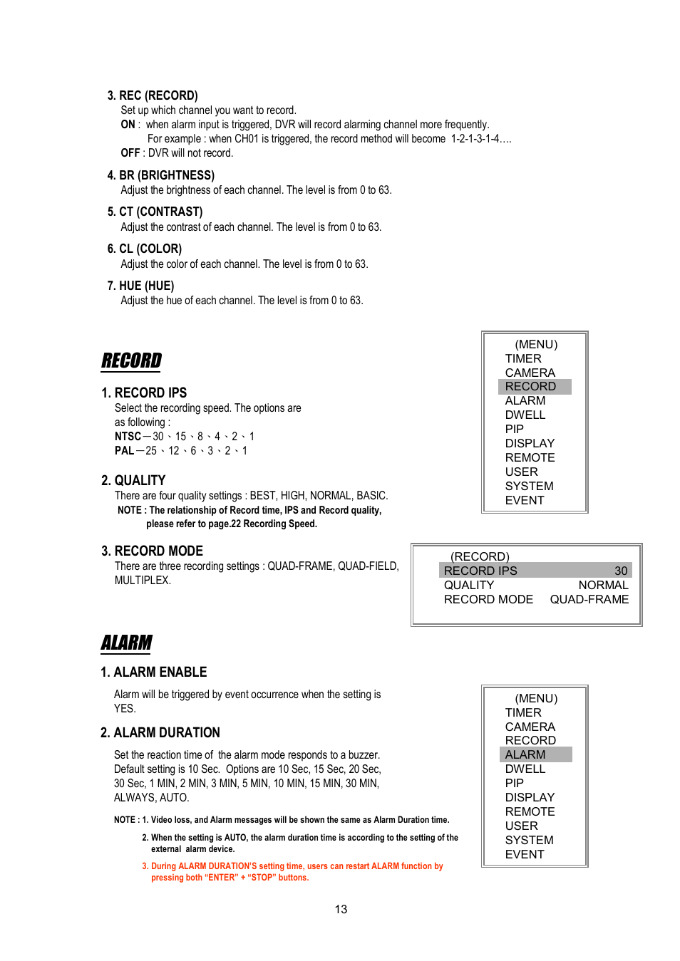 Record, Alarm | Maxtor 4 CH Digital Video Recorder User Manual | Page 14 / 24