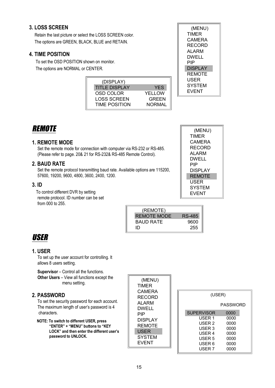 Remote, User | Maxtor 4 CH Digital Video Recorder User Manual | Page 16 / 24