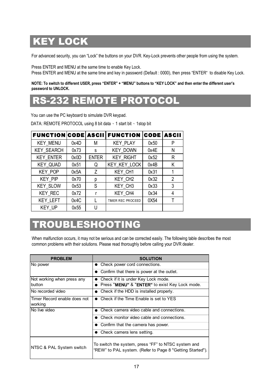 Rs-232 remote protocol, Key lock, Troubleshooting | Maxtor 4 CH Digital Video Recorder User Manual | Page 18 / 24