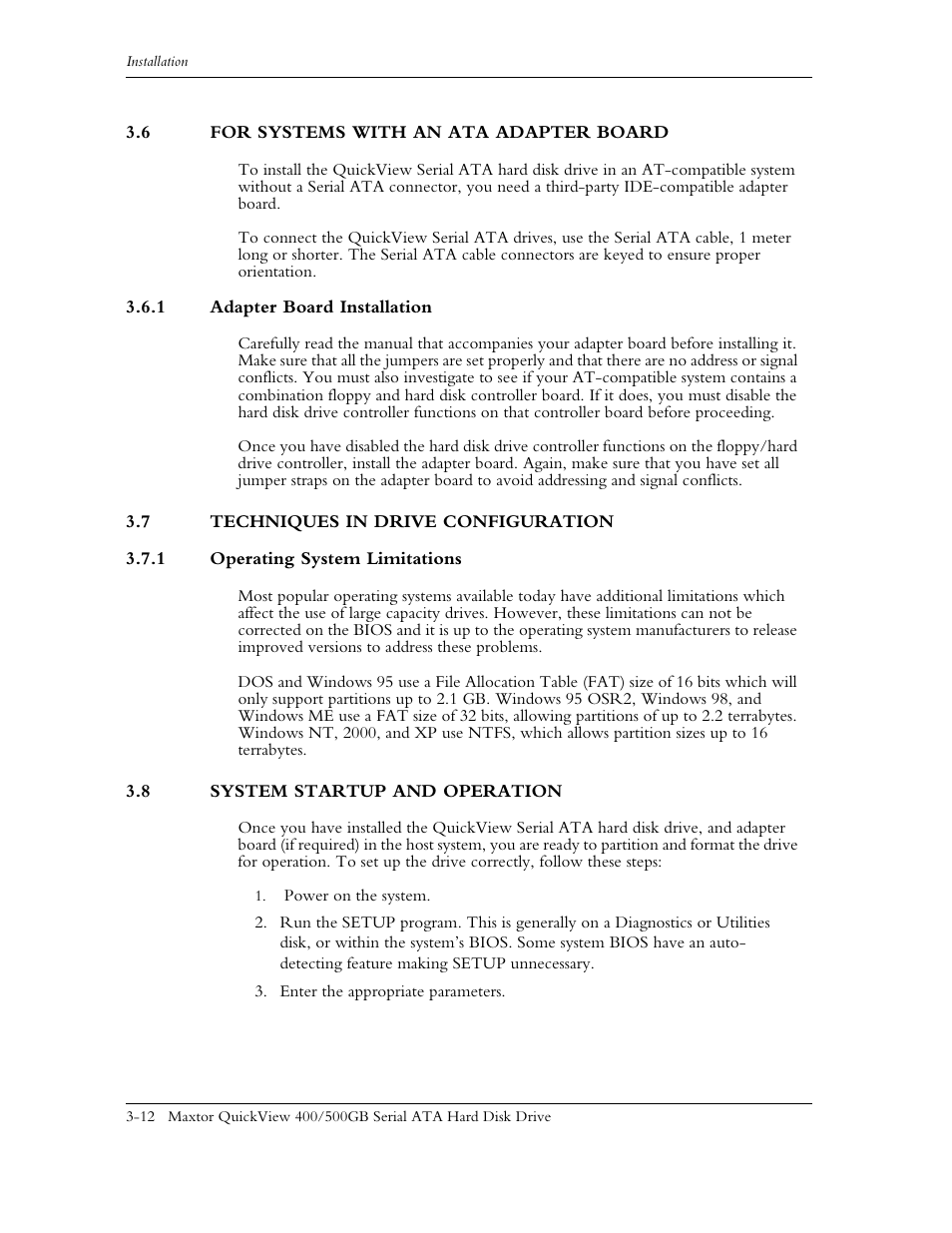 6 for systems with an ata adapter board, 1 adapter board installation, 7 techniques in drive configuration | 1 operating system limitations, 8 system startup and operation, 6 for systems with an ata adapter board -12, 1 adapter board installation -12, 7 techniques in drive configuration -13, 1 operating system limitations -13, 8 system startup and operation -13 | Maxtor QUICKVIEW ATA User Manual | Page 27 / 63