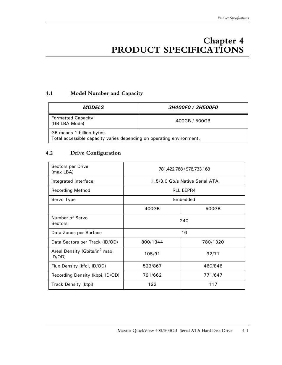 Chapter 4 product specifications, 1 model number and capacity, 2 drive configuration | Chapter 4 | Maxtor QUICKVIEW ATA User Manual | Page 30 / 63