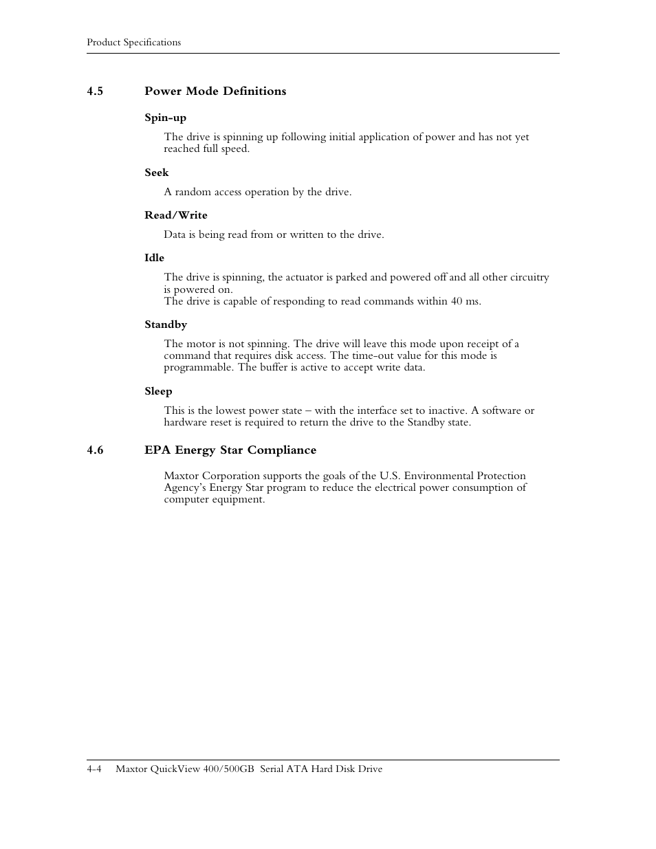 5 power mode definitions, 6 epa energy star compliance, 5 power mode definitions -4 | 6 epa energy star compliance -4 | Maxtor QUICKVIEW ATA User Manual | Page 33 / 63