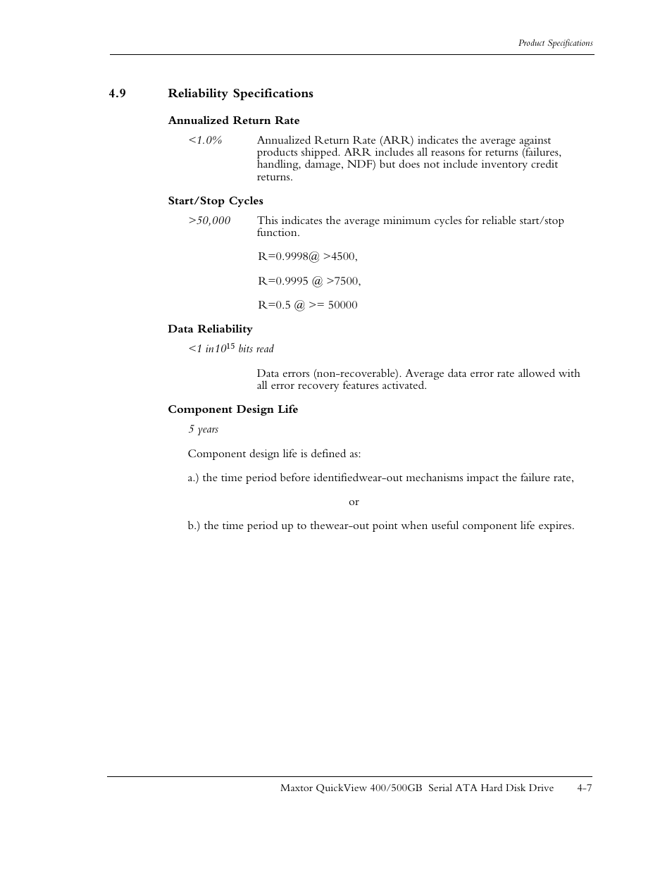 9 reliability specifications, 9 reliability specifications -7 | Maxtor QUICKVIEW ATA User Manual | Page 36 / 63