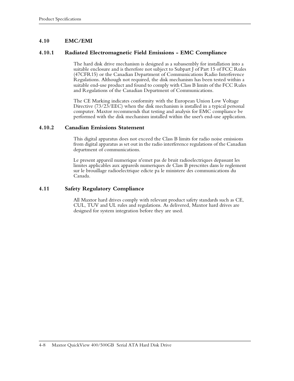 10 emc/emi, 2 canadian emissions statement, 11 safety regulatory compliance | 10 emc/emi -8, 11 safety regulatory compliance -8 | Maxtor QUICKVIEW ATA User Manual | Page 37 / 63