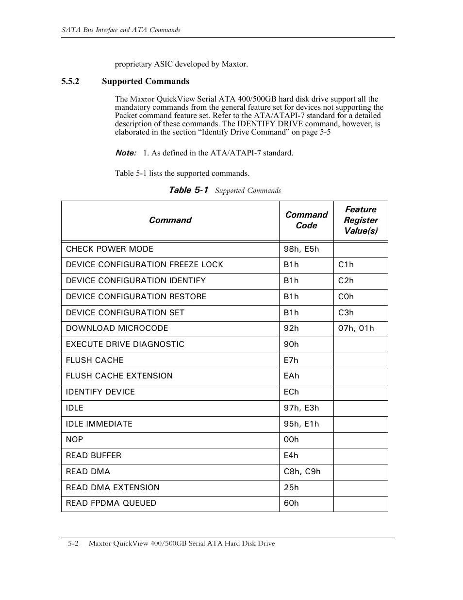 2 supported commands, 2 supported commands -2, Table 5-1 | Supported commands -2 | Maxtor QUICKVIEW ATA User Manual | Page 39 / 63