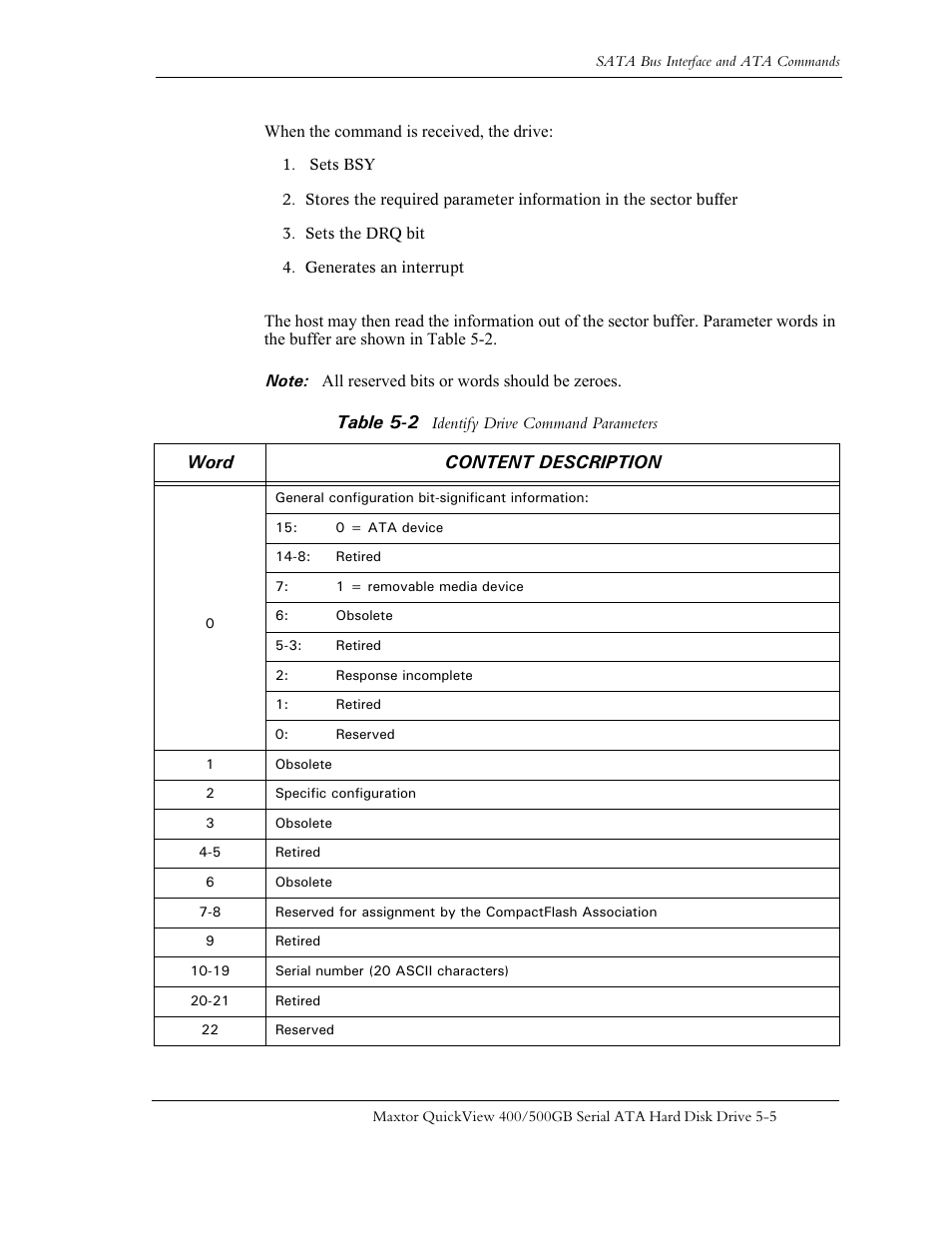 Table 5-2, Identify drive command parameters -5 | Maxtor QUICKVIEW ATA User Manual | Page 42 / 63