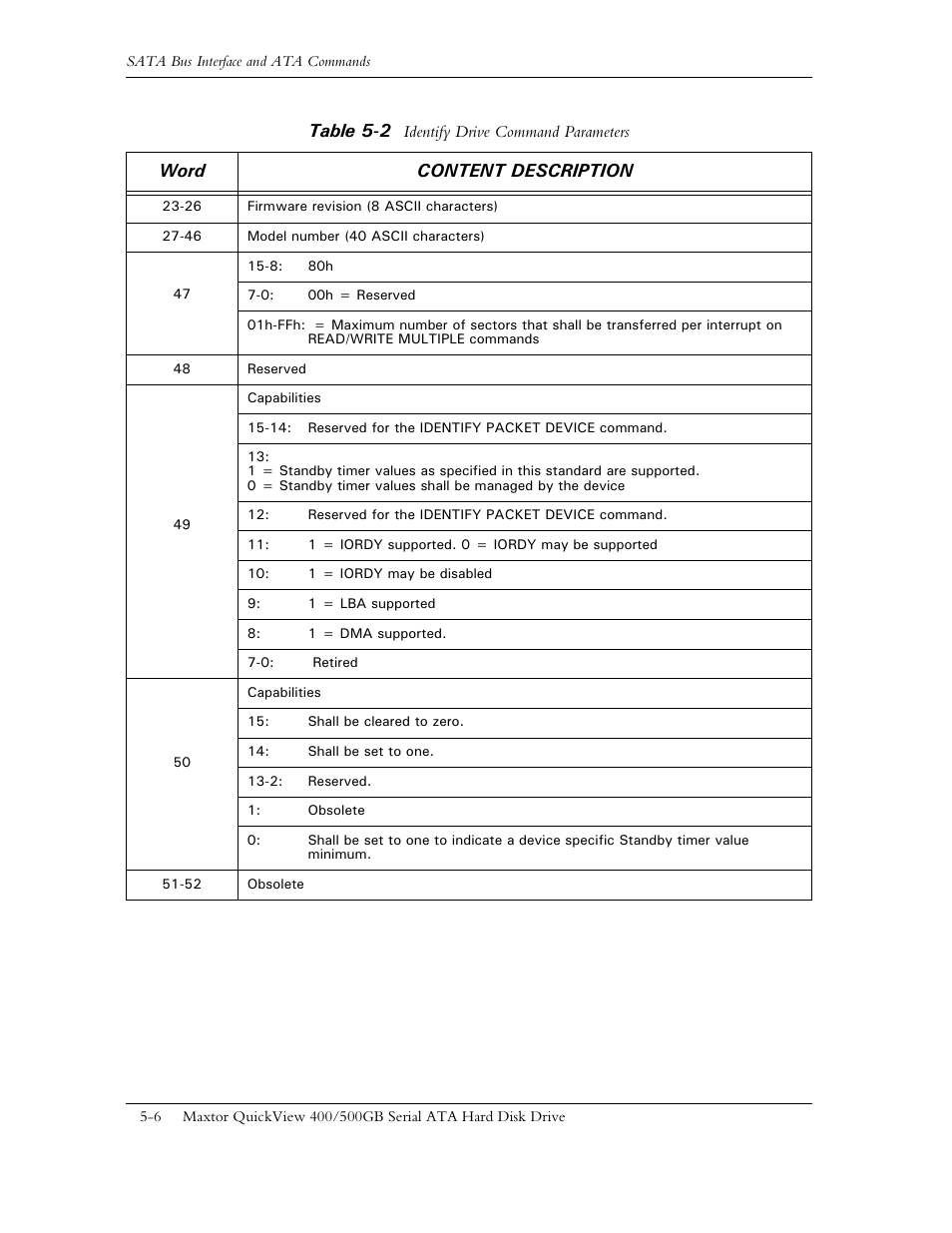 Table 5-2, Word content description | Maxtor QUICKVIEW ATA User Manual | Page 43 / 63