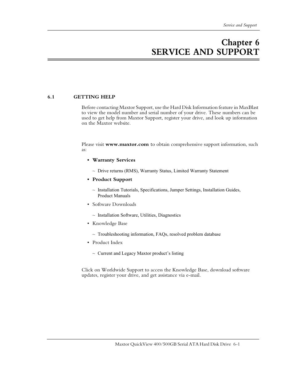 Chapter 6 service and support, 1 getting help, Chapter 6 | 1 getting help -1 | Maxtor QUICKVIEW ATA User Manual | Page 54 / 63