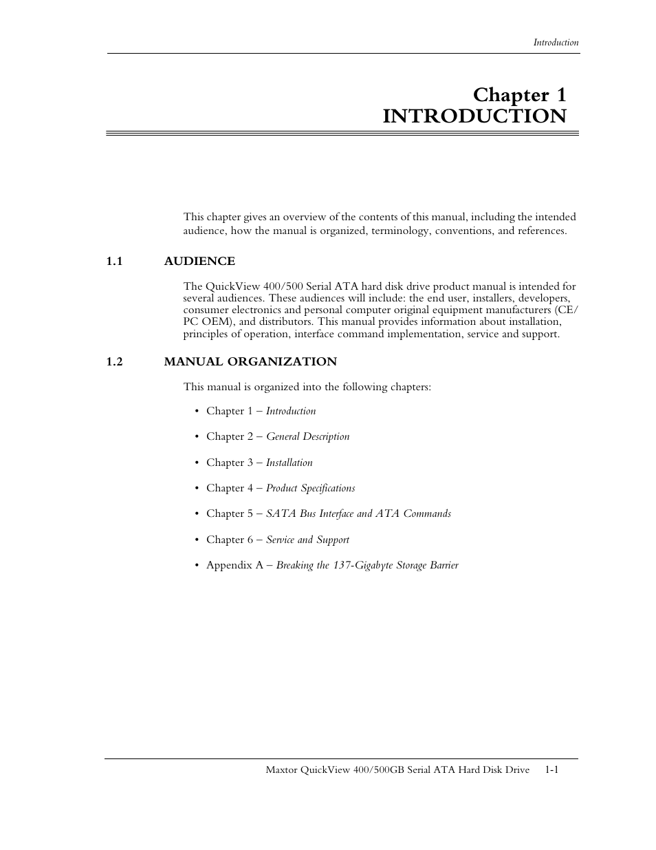 Chapter 1 introduction, 1 audience, 2 manual organization | Maxtor QUICKVIEW ATA User Manual | Page 9 / 63
