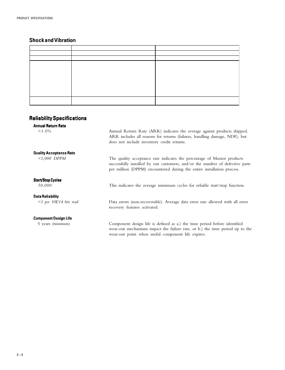 Reliability specifications, Shock and vibration | Maxtor 96147H6 User Manual | Page 19 / 64