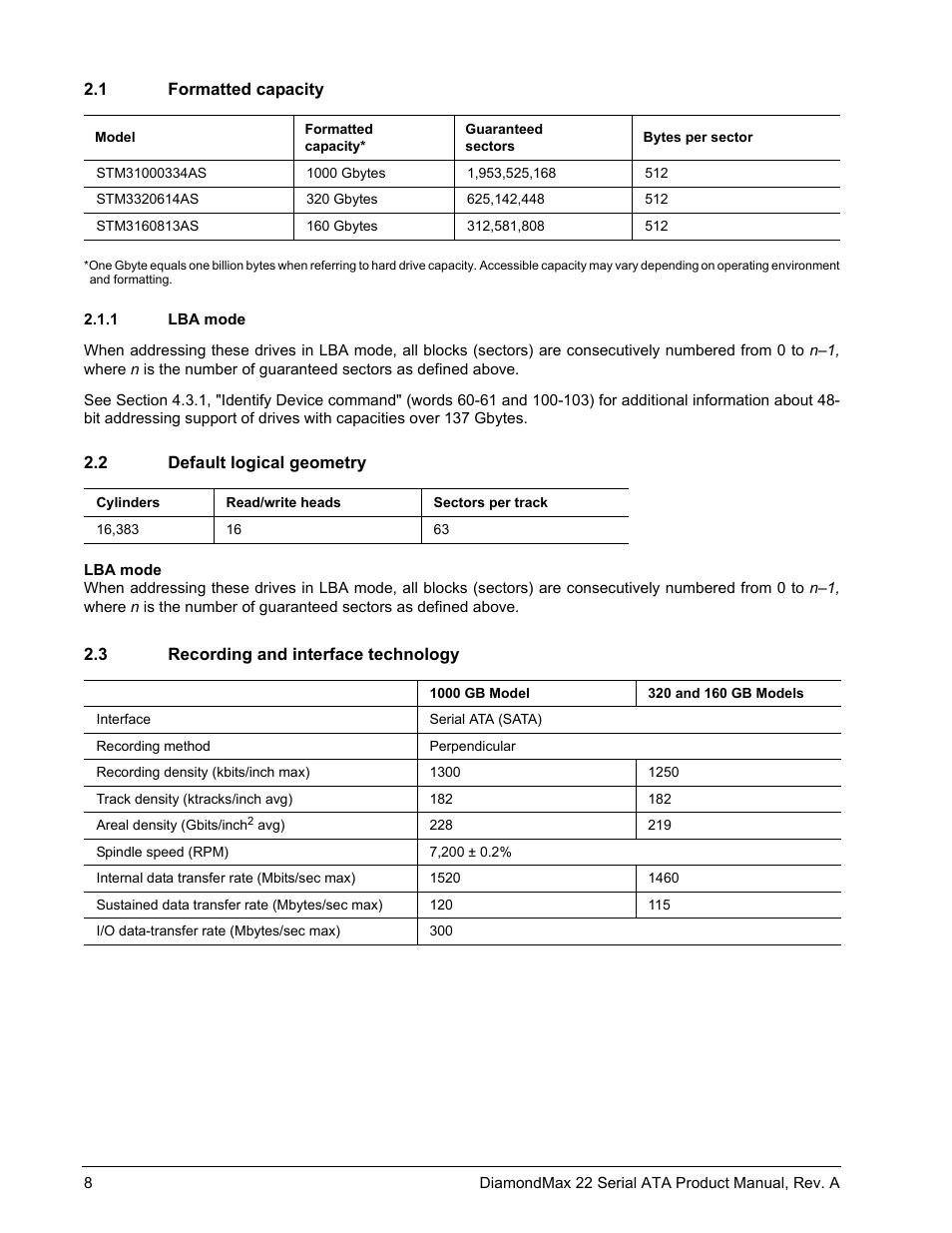 1 formatted capacity, 1 lba mode, 2 default logical geometry | 3 recording and interface technology | Maxtor DIAMONDMAX 22 STM31000334AS User Manual | Page 14 / 48