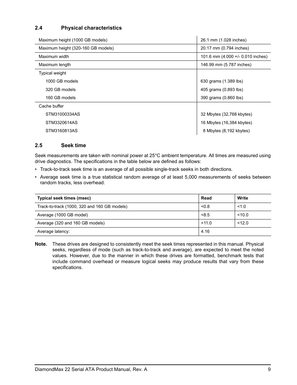 4 physical characteristics, 5 seek time | Maxtor DIAMONDMAX 22 STM31000334AS User Manual | Page 15 / 48