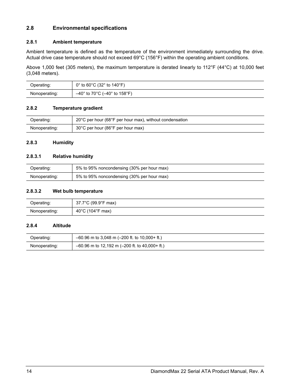 8 environmental specifications, 1 ambient temperature, 2 temperature gradient | 3 humidity, 1 relative humidity, 2 wet bulb temperature, 4 altitude | Maxtor DIAMONDMAX 22 STM31000334AS User Manual | Page 20 / 48