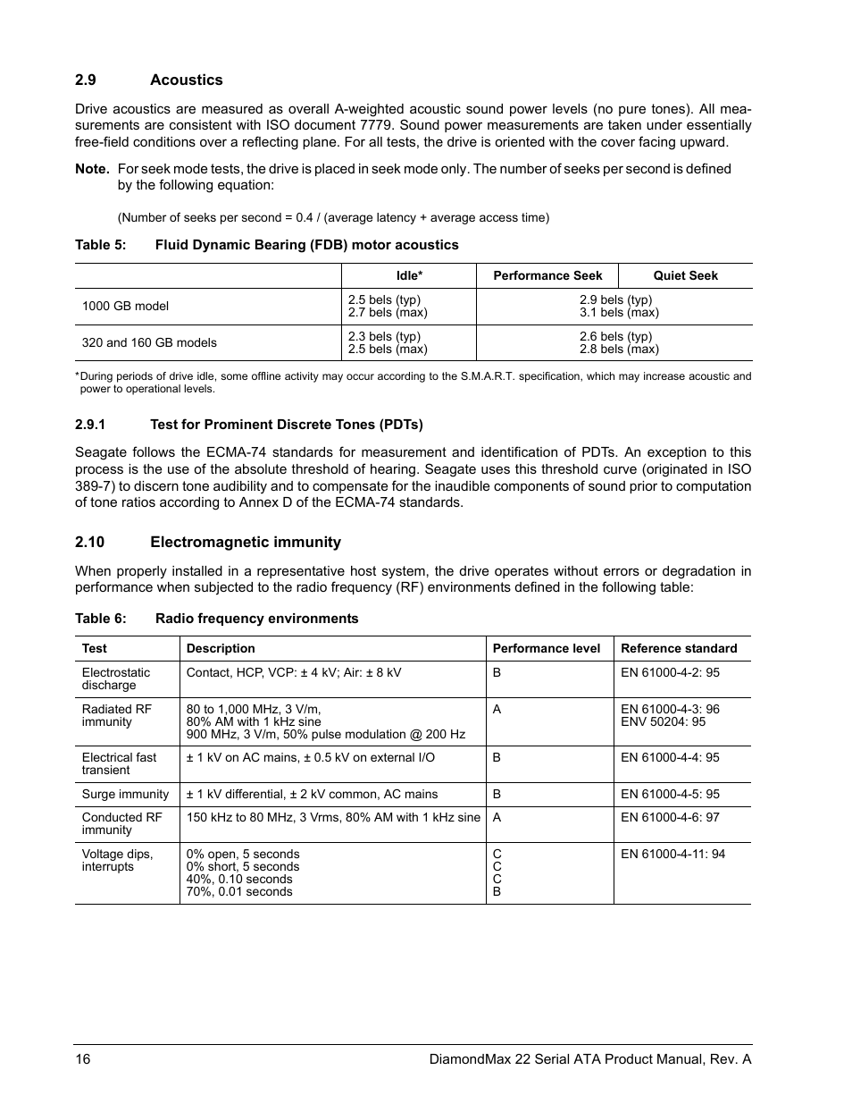 9 acoustics, 1 test for prominent discrete tones (pdts), 10 electromagnetic immunity | Maxtor DIAMONDMAX 22 STM31000334AS User Manual | Page 22 / 48