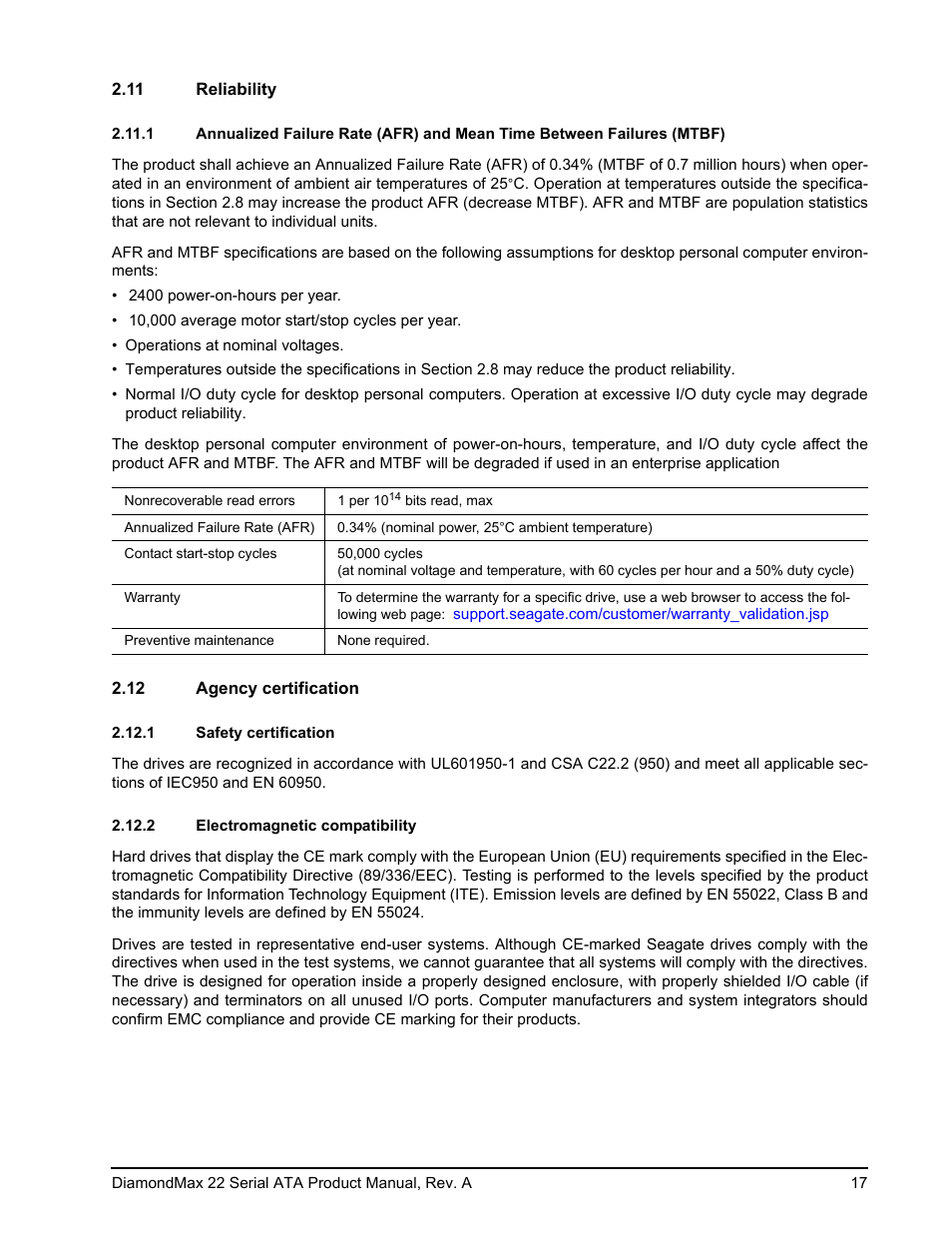 11 reliability, 12 agency certification, 1 safety certification | 2 electromagnetic compatibility | Maxtor DIAMONDMAX 22 STM31000334AS User Manual | Page 23 / 48