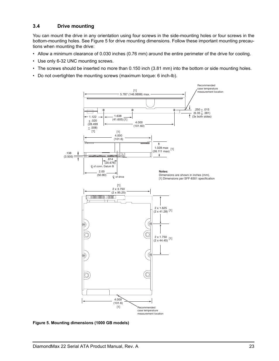 4 drive mounting, Figure 5, Mounting dimensions (1000 gb models) | Diamondmax 22 serial ata product manual, rev. a 23 | Maxtor DIAMONDMAX 22 STM31000334AS User Manual | Page 29 / 48