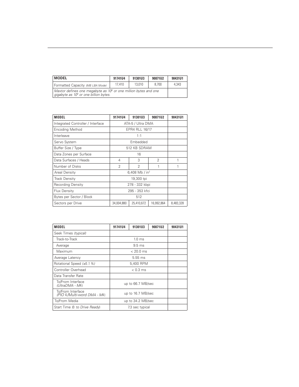 Product specifications, Models and capacities performance specifications, Drive configuration | Maxtor DiamondMax VL 17 User Manual | Page 18 / 71