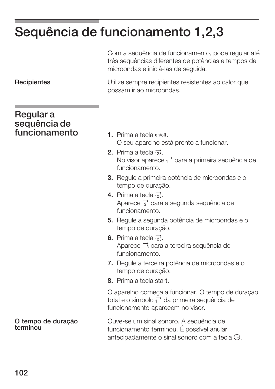 Sequência de funcionamento 1,2,3, Regular a sequência de funcionamento | Siemens HF25M5L2 User Manual | Page 102 / 172