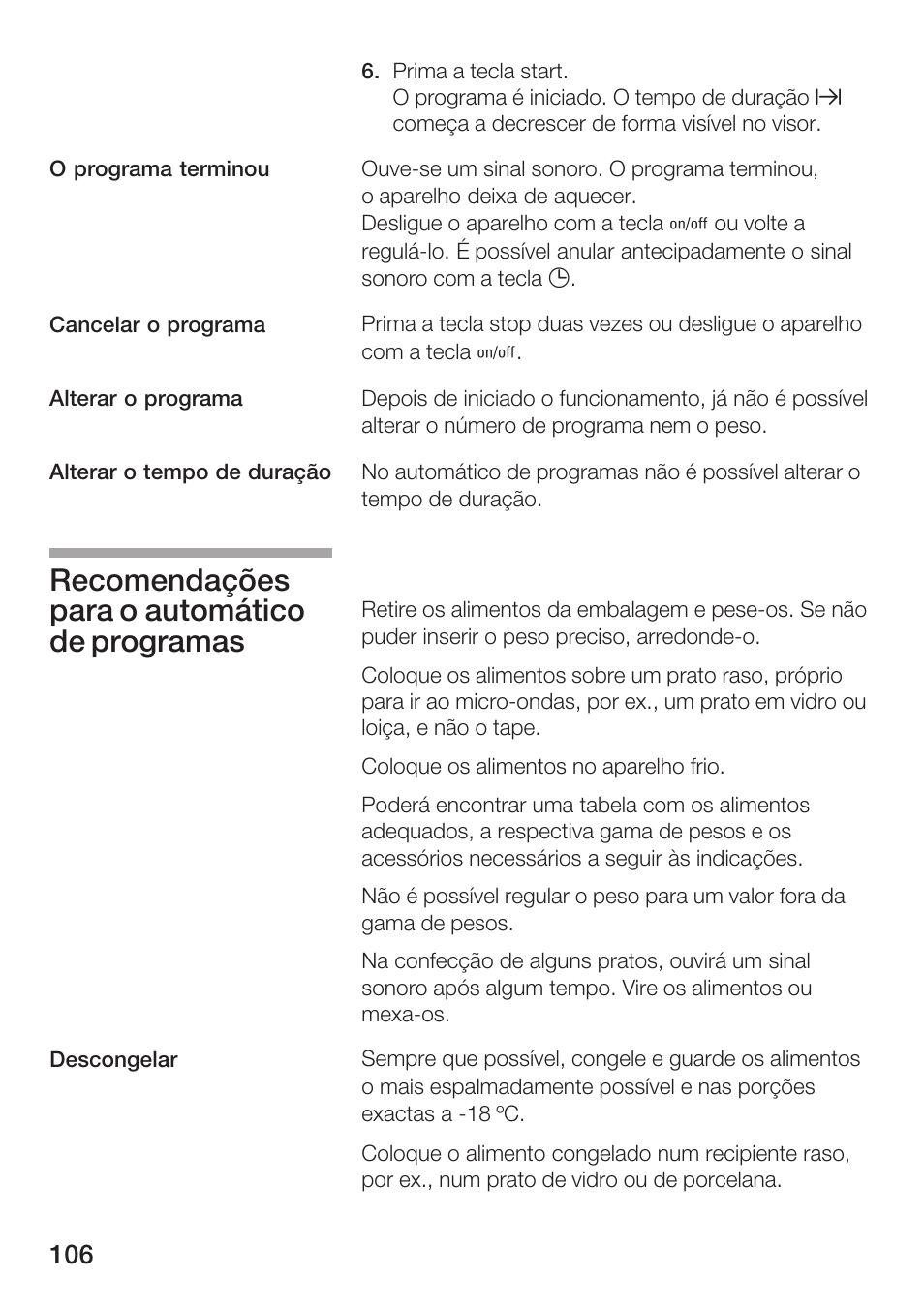 Recomendações para o automático de programas | Siemens HF25M5L2 User Manual | Page 106 / 172
