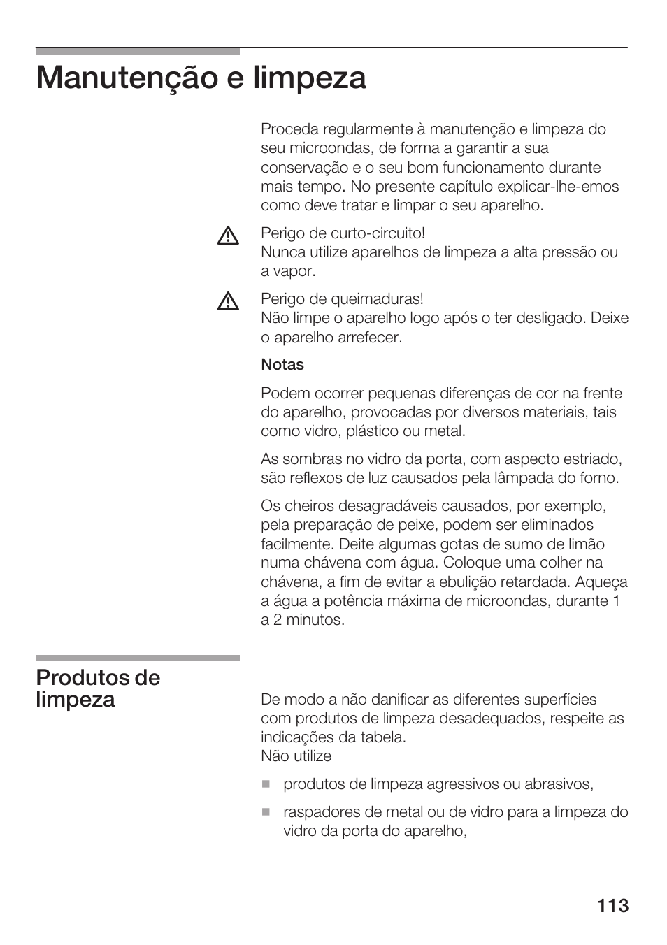 Manutenção e limpeza, Produtos de limpeza | Siemens HF25M5L2 User Manual | Page 113 / 172