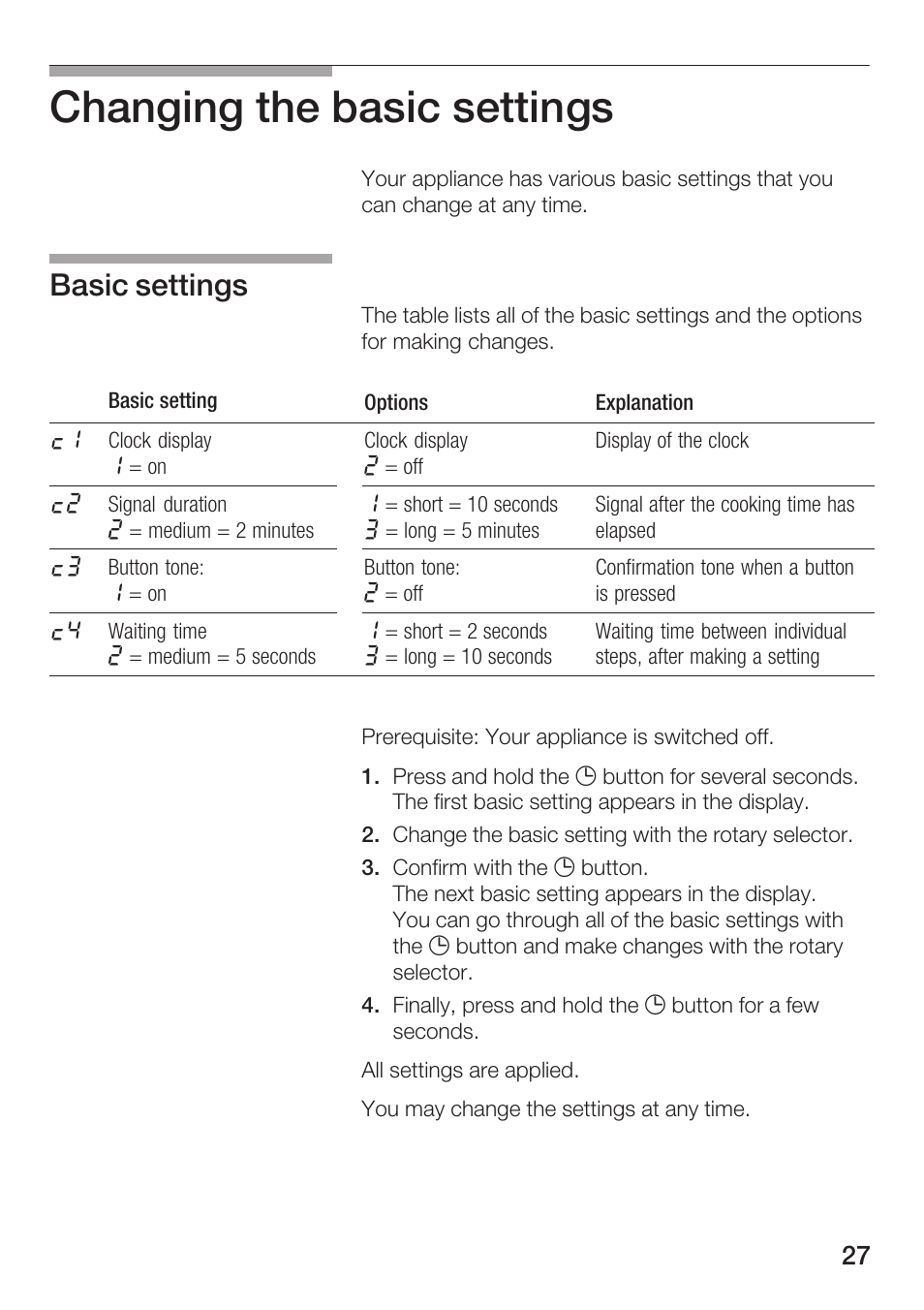 Changing the basic settings, Basic settings | Siemens HF25M5L2 User Manual | Page 27 / 172