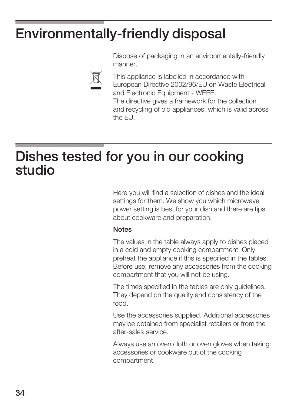 Environmentallyćfriendly disposal, Dishes tested for you in our cooking studio | Siemens HF25M5L2 User Manual | Page 34 / 172