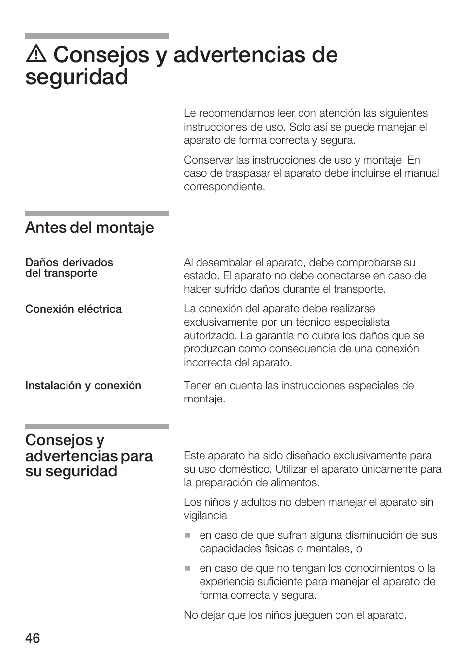 D consejos y advertencias de seguridad, Antes del montaje, Consejos y advertencias para su seguridad | Siemens HF25M5L2 User Manual | Page 46 / 172