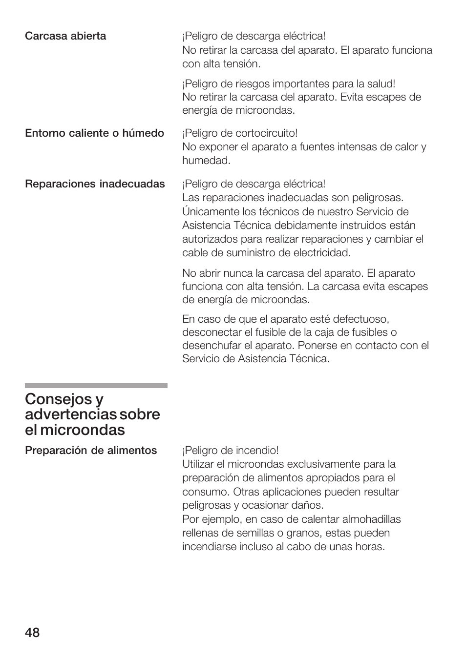 Consejos y advertencias sobre el microondas | Siemens HF25M5L2 User Manual | Page 48 / 172