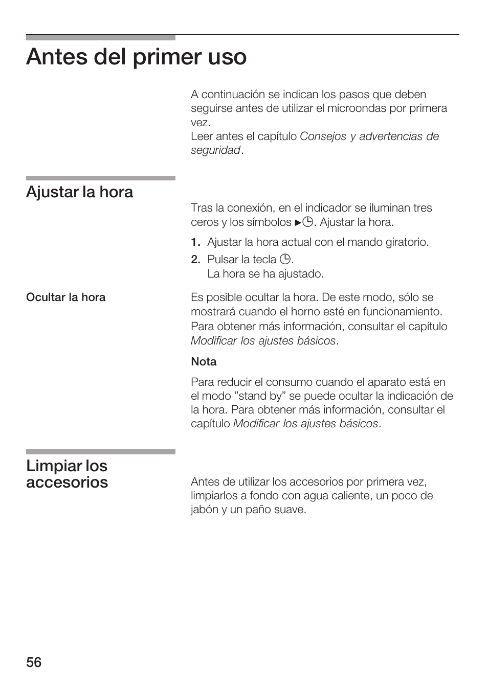Antes del primer uso, Ajustar la hora, Limpiar los accesorios | Siemens HF25M5L2 User Manual | Page 56 / 172