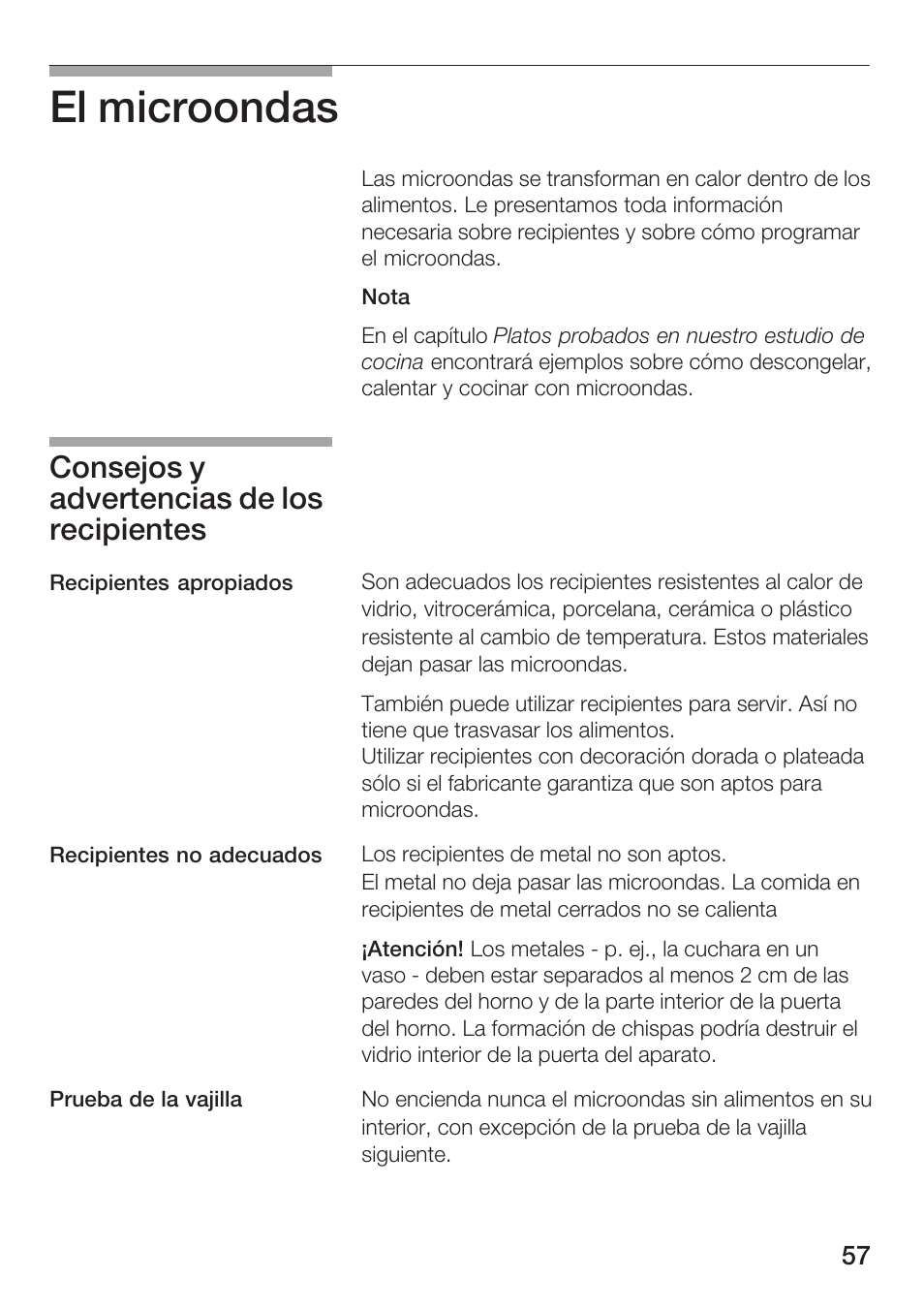 El microondas, Consejos y advertencias de los recipientes | Siemens HF25M5L2 User Manual | Page 57 / 172