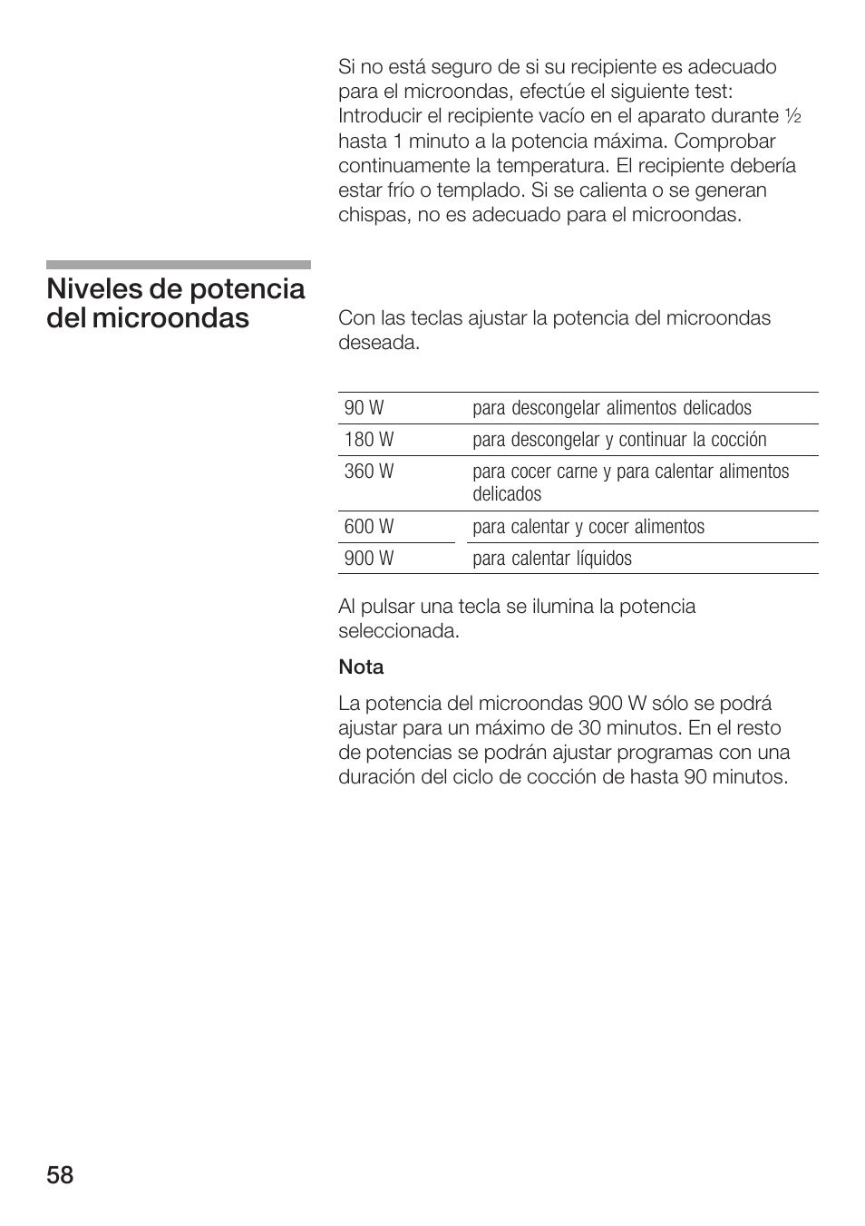Niveles de potencia del microondas | Siemens HF25M5L2 User Manual | Page 58 / 172