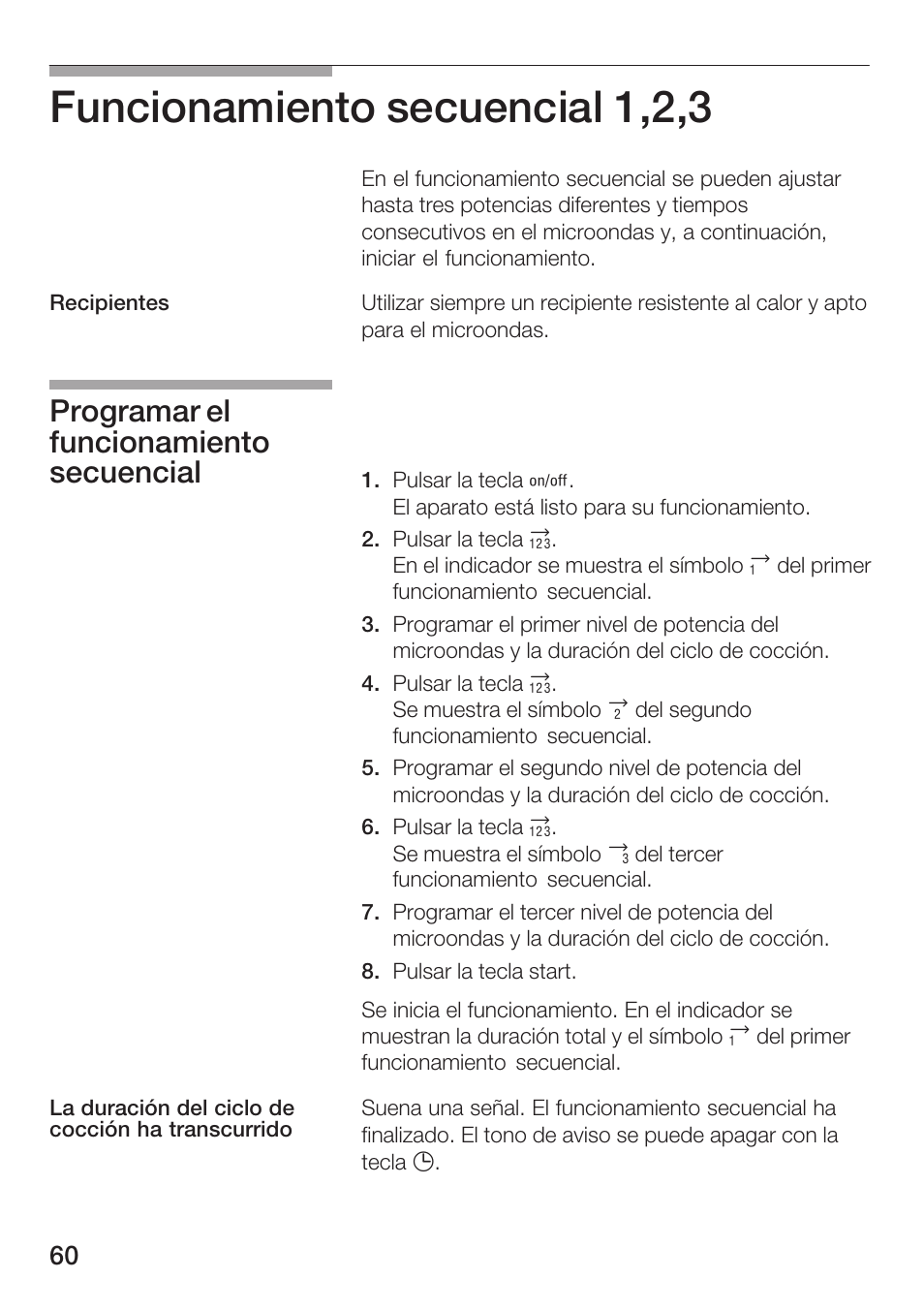Funcionamiento secuencial 1,2,3, Programar el funcionamiento secuencial | Siemens HF25M5L2 User Manual | Page 60 / 172
