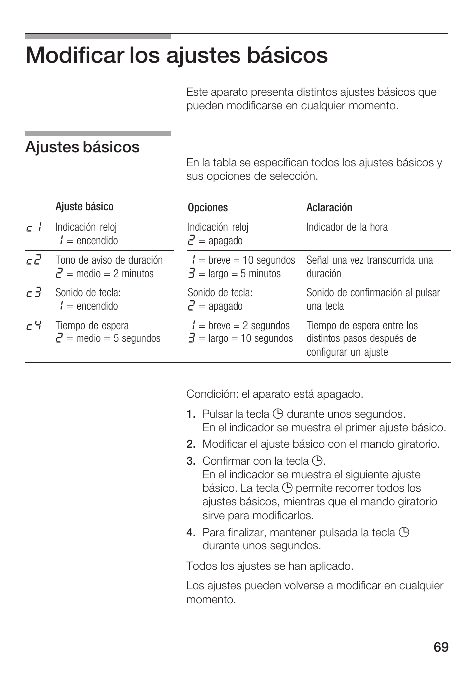 Modificar los ajustes básicos, Ajustes básicos | Siemens HF25M5L2 User Manual | Page 69 / 172