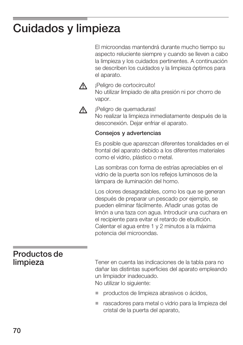 Cuidados y limpieza, Productos de limpieza | Siemens HF25M5L2 User Manual | Page 70 / 172