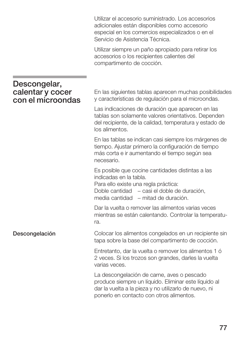 Descongelar, calentar y cocer con el microondas | Siemens HF25M5L2 User Manual | Page 77 / 172