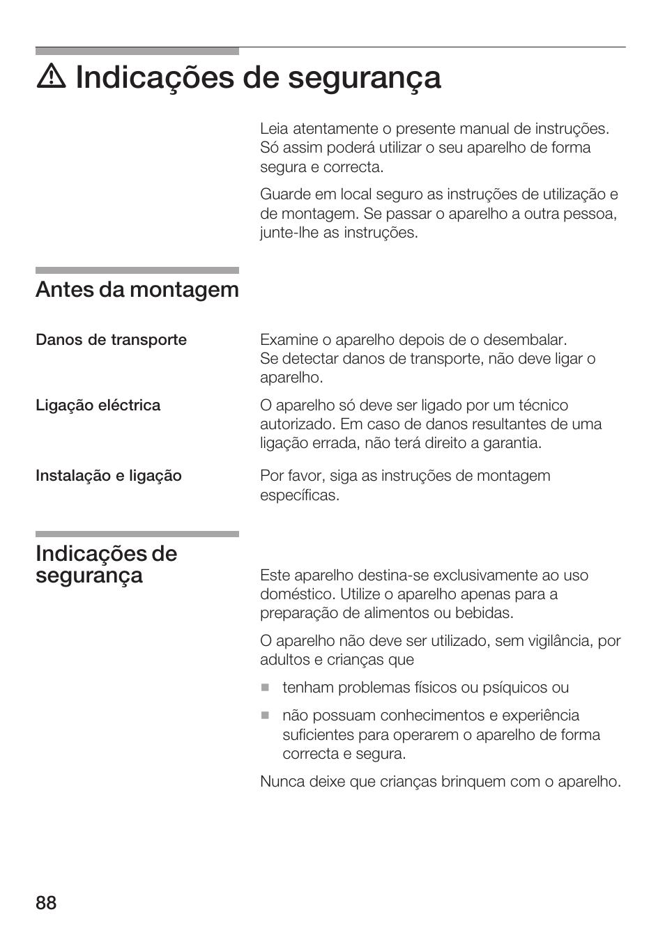 D indicações de segurança, Antes da montagem, Indicações de segurança | Siemens HF25M5L2 User Manual | Page 88 / 172