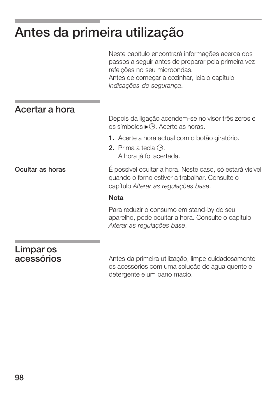 Antes da primeira utilização, Acertar a hora, Limpar os acessórios | Siemens HF25M5L2 User Manual | Page 98 / 172