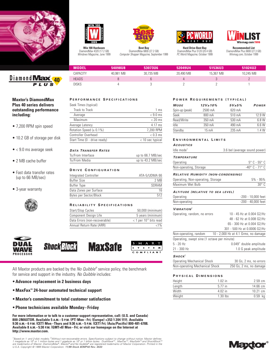 All maxtor products are backed by the no quibble | Maxtor DiamondMax Plus 40 User Manual | Page 2 / 2