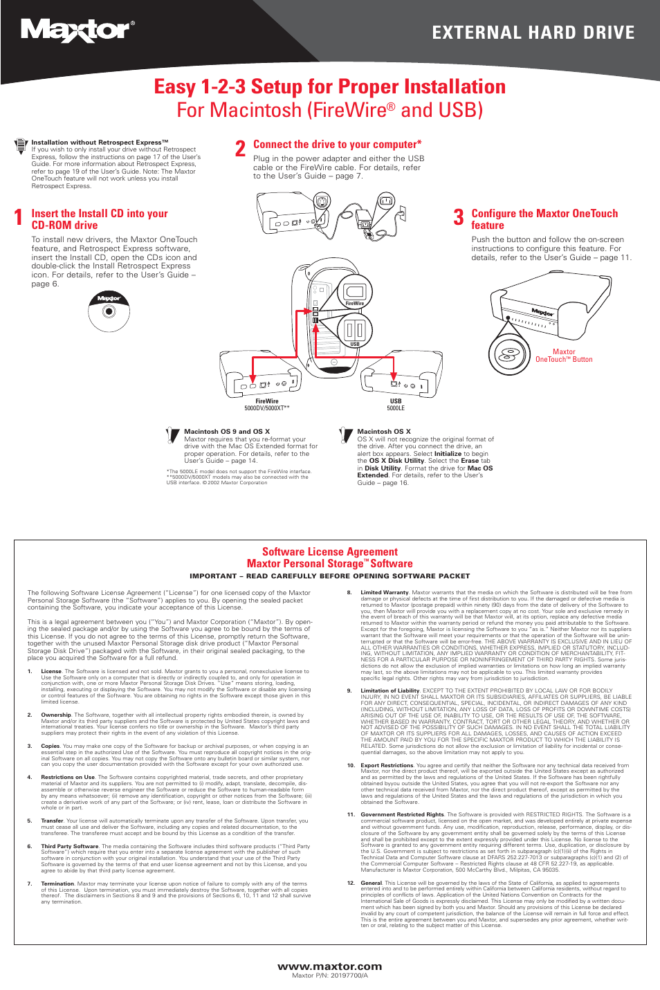 And usb), External hard drive, Configure the maxtor onetouch feature | Connect the drive to your computer, Insert the install cd into your cd-rom drive, Software license agreement maxtor personal storage, Software | Maxtor 5000DV User Manual | Page 2 / 2