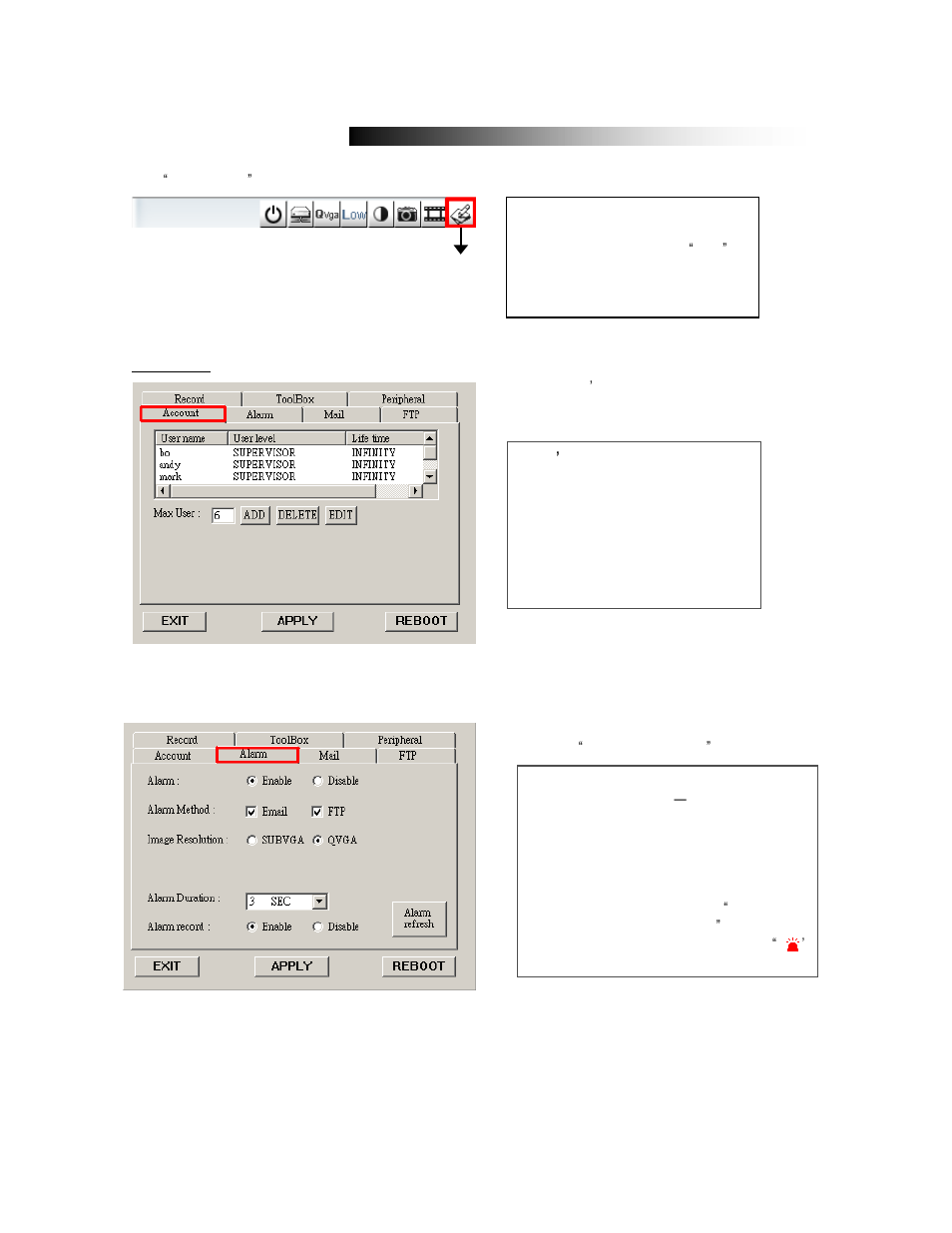 Advanced setting, Account alarm alarm | Maxtor 773W V1.0 User Manual | Page 40 / 52