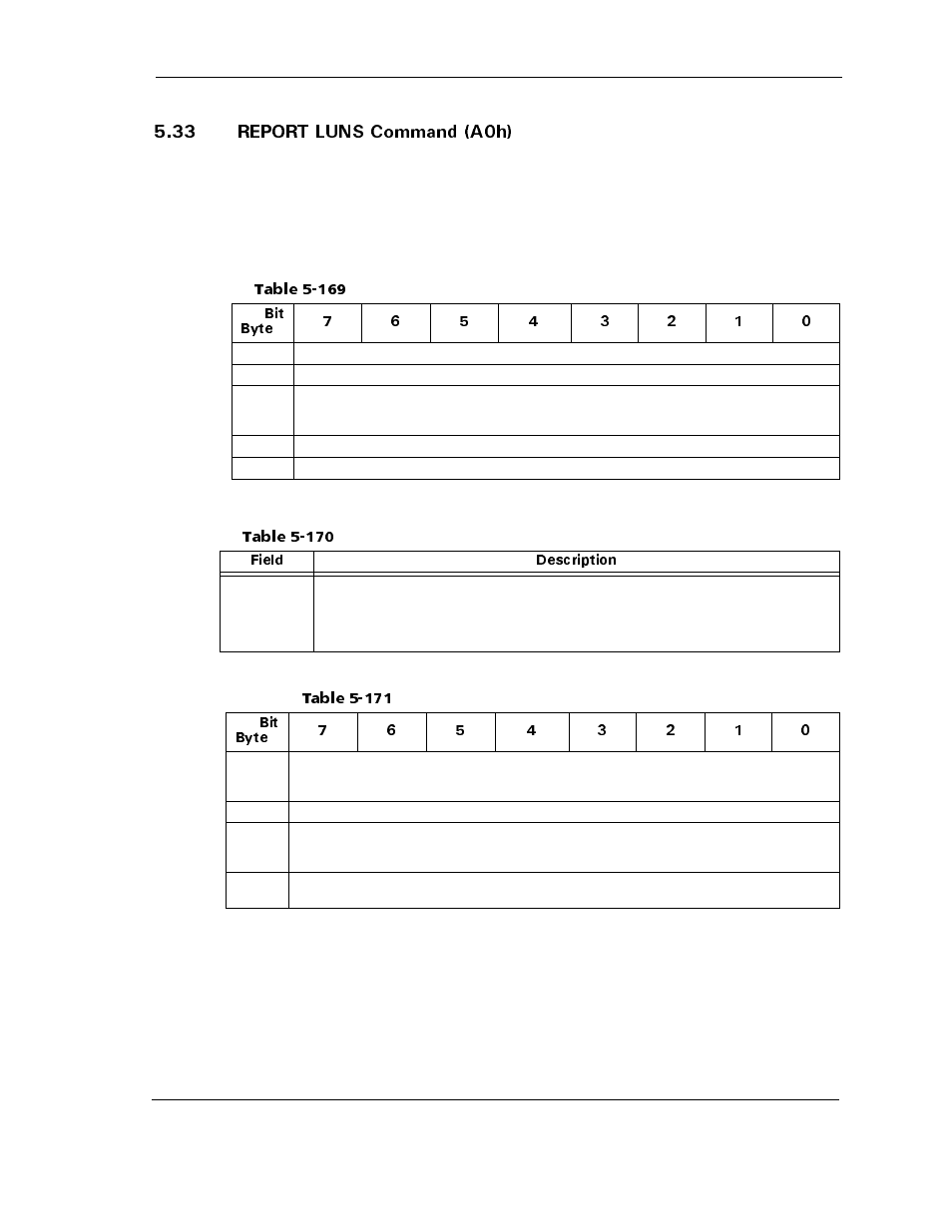 33 report luns command (a0h), 33 report luns command (a0h) -131, Table 5-169 | Table 5-170, Table 5-171, Lun reporting parameter list -data format -131 | Maxtor ATLAS 10K III User Manual | Page 195 / 284
