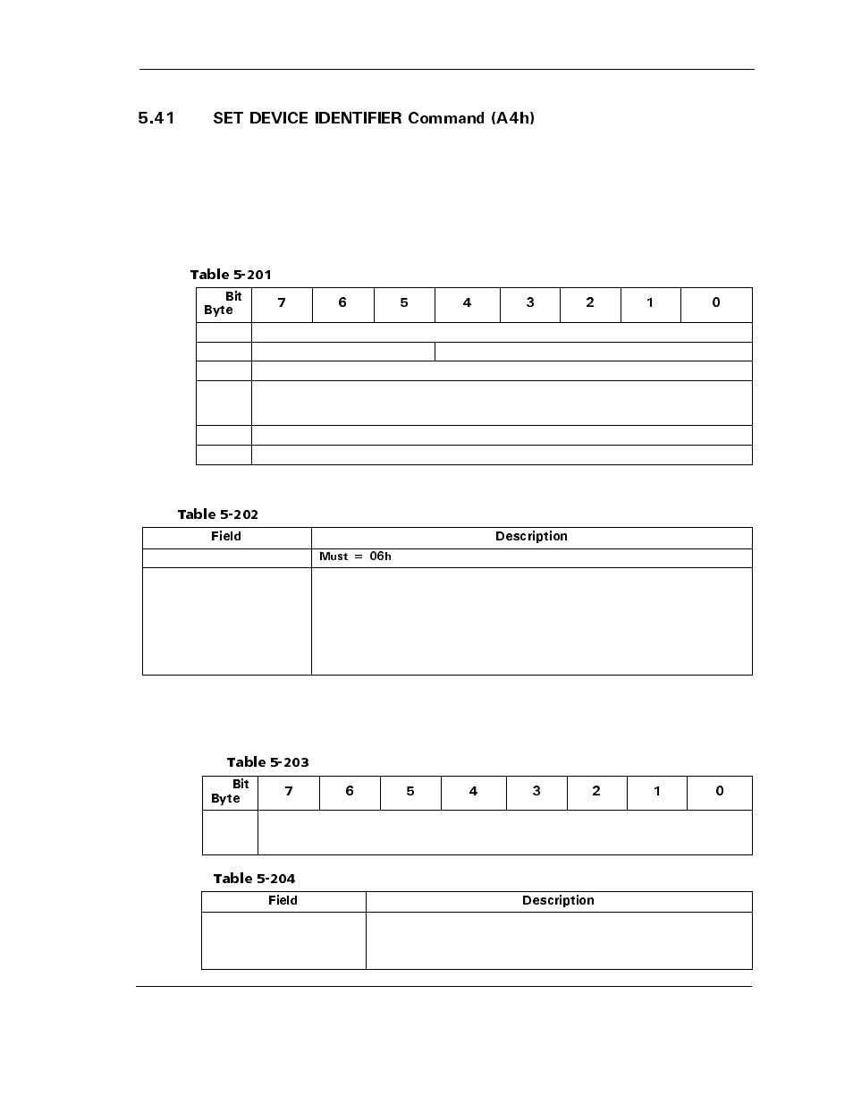 41 set device identifier command (a4h), 41 set device identifier command (a4h) -165, Table 5-201 | Table 5-202, Set device identifier command descriptor, Table 5-203, Table 5-204 | Maxtor ATLAS 10K III User Manual | Page 229 / 284