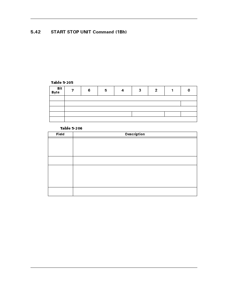 42 start stop unit command (1bh), 42 start stop unit command (1bh) -166, Table 5-205 | Table 5-206, Start stop unit command-field descriptions -166 | Maxtor ATLAS 10K III User Manual | Page 230 / 284