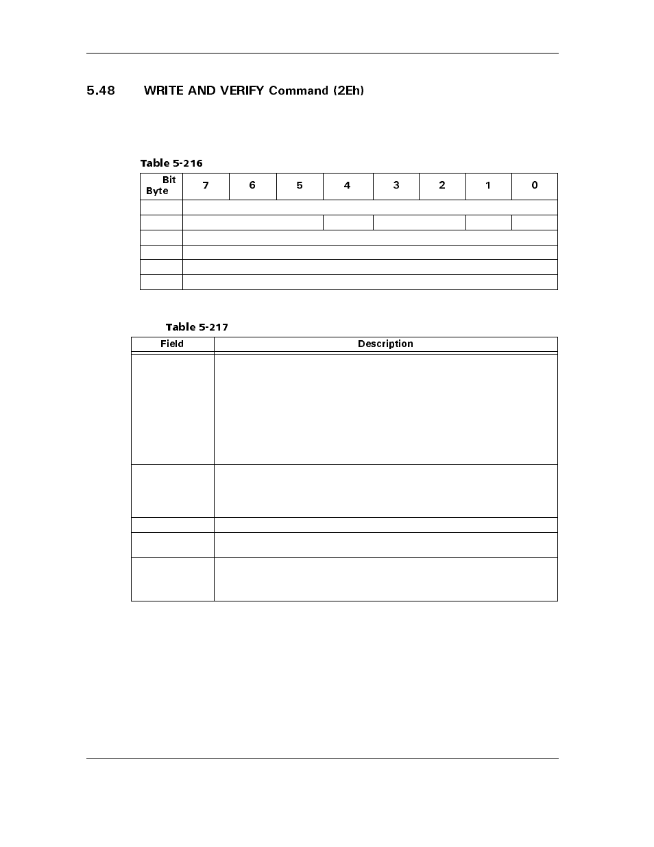 48 write and verify command (2eh), 48 write and verify command (2eh) -172, Table 5-216 | Table 5-217, Write and verify command-field descriptions -172 | Maxtor ATLAS 10K III User Manual | Page 236 / 284