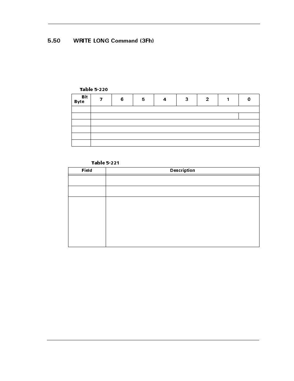 50 write long command (3fh), Table 5-221 write long command-field descriptions, 50 write long command (3fh) -175 | Table 5-220, Table 5-221, Write long command-field descriptions -175 | Maxtor ATLAS 10K III User Manual | Page 239 / 284
