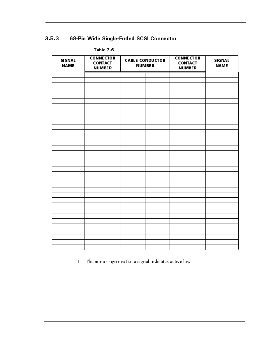 3 68-pin wide single-ended scsi connector, Table 3-6 68-pin wide single-ended pin assignments, 3 68-pin wide single-ended scsi connector -19 | Table 3-6, Pin wide single-ended pin assignments -19 | Maxtor ATLAS 10K III User Manual | Page 45 / 284