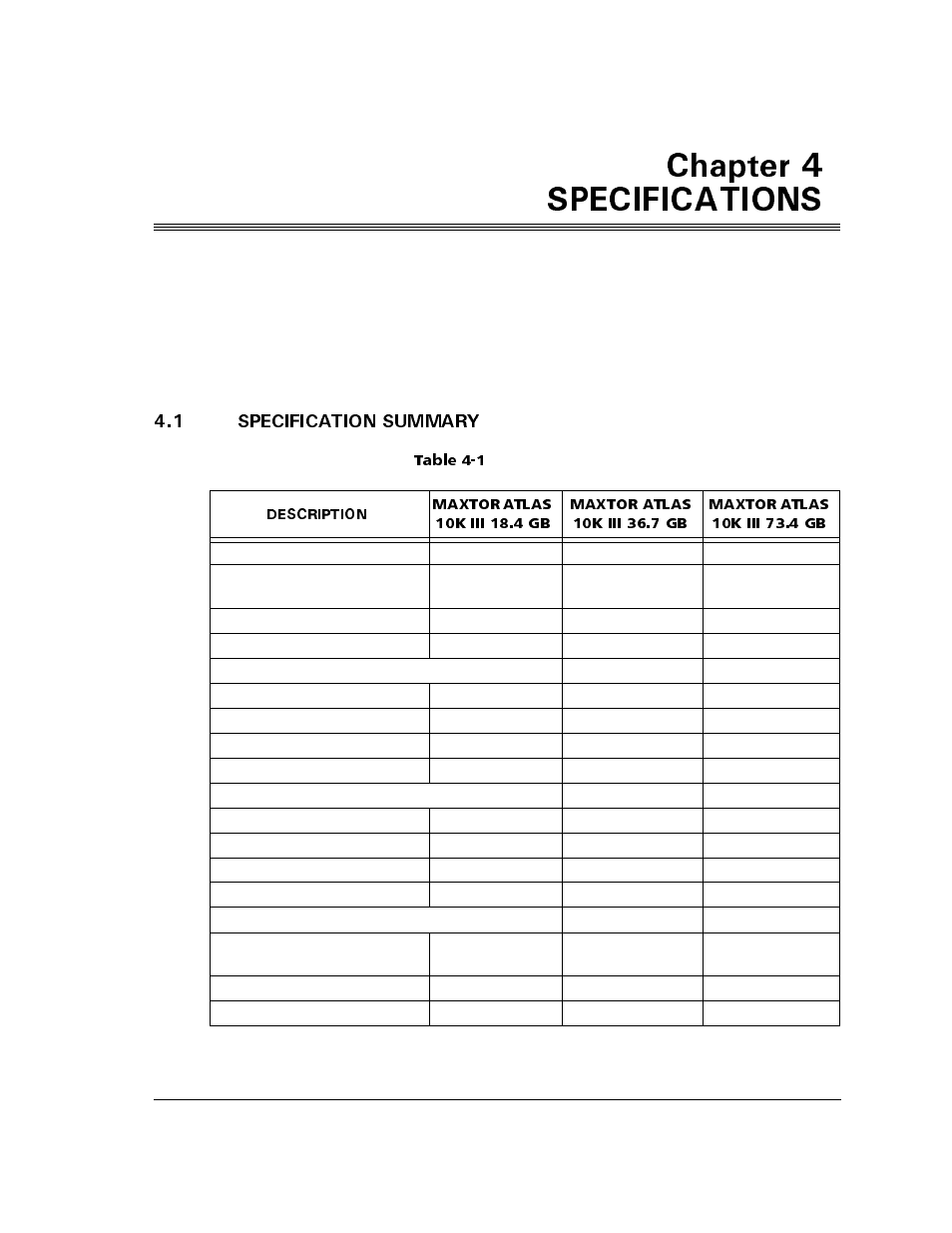 1 specification summary, Table 4-1 specifications, Jcrvgt | 1 specification summary -1, Table 4-1, Specifications -1 | Maxtor ATLAS 10K III User Manual | Page 53 / 284
